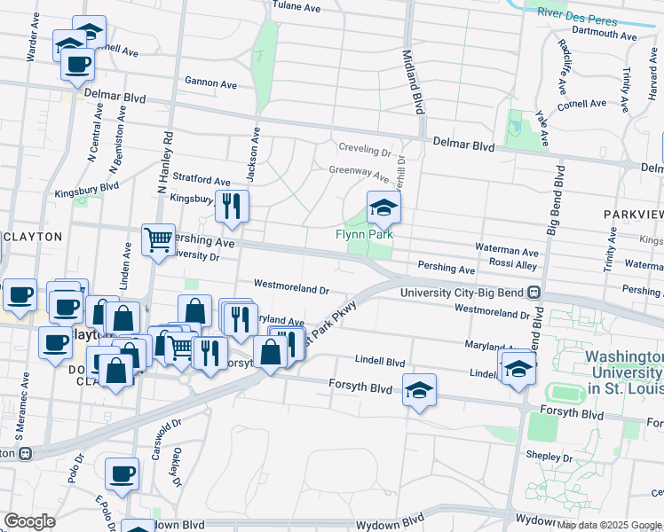 map of restaurants, bars, coffee shops, grocery stores, and more near 7327 Westmoreland Drive in University City