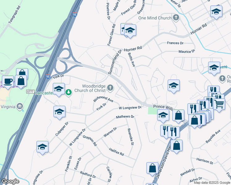 map of restaurants, bars, coffee shops, grocery stores, and more near 13816 Breezy Ridge Way in Woodbridge