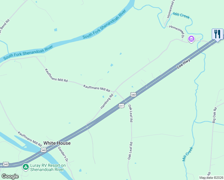map of restaurants, bars, coffee shops, grocery stores, and more near 1057 Hamburg Road in Luray