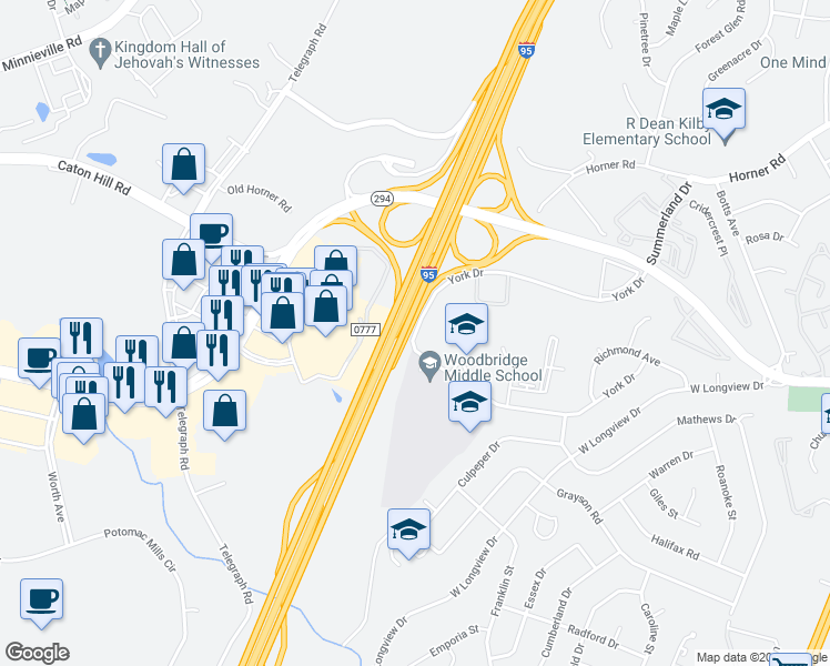 map of restaurants, bars, coffee shops, grocery stores, and more near 2267 York Drive in Woodbridge