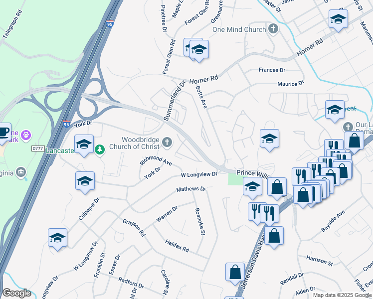 map of restaurants, bars, coffee shops, grocery stores, and more near 1839 Cedar Cove Way in Woodbridge