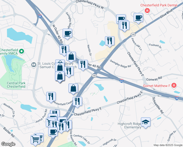 map of restaurants, bars, coffee shops, grocery stores, and more near 14528 South Outer Forty in Chesterfield