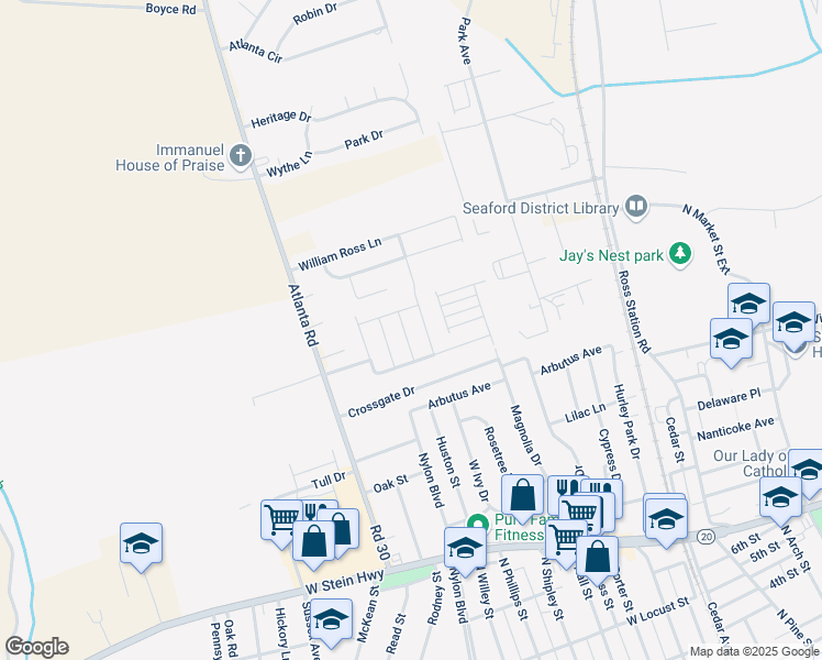 map of restaurants, bars, coffee shops, grocery stores, and more near 407 Terre Street in Seaford