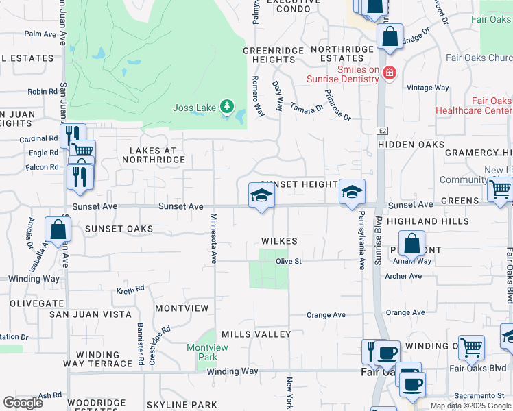 map of restaurants, bars, coffee shops, grocery stores, and more near Sunset Ave in Sacramento