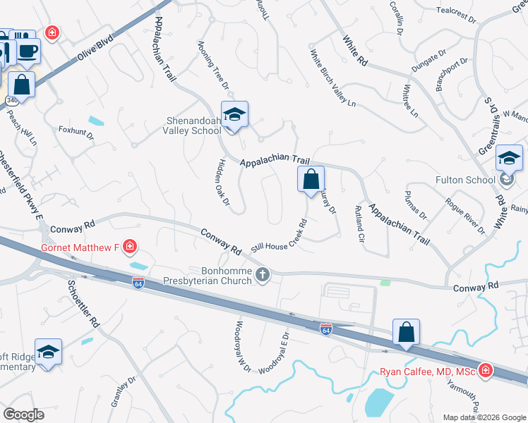 map of restaurants, bars, coffee shops, grocery stores, and more near 1257 Kennebec Road in Chesterfield