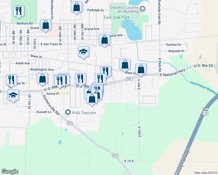 map of restaurants, bars, coffee shops, grocery stores, and more near 2005 East National Highway in Washington