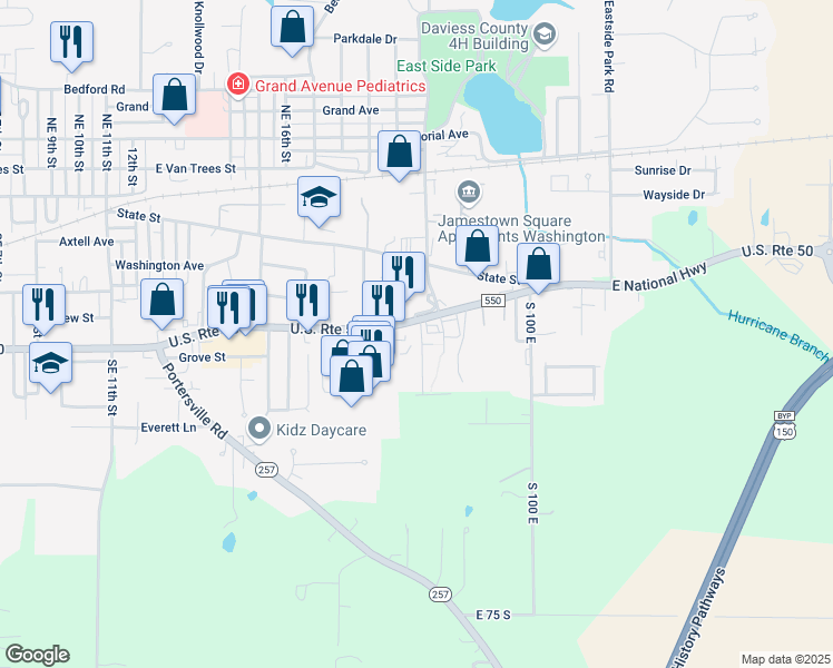 map of restaurants, bars, coffee shops, grocery stores, and more near 2005 East National Highway in Washington