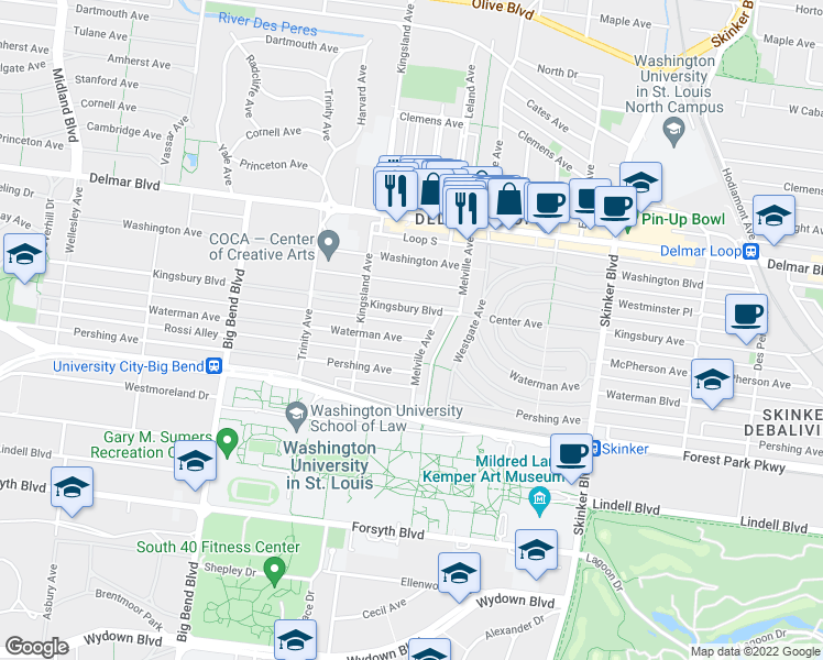 map of restaurants, bars, coffee shops, grocery stores, and more near 6616 Kingsbury Boulevard in University City