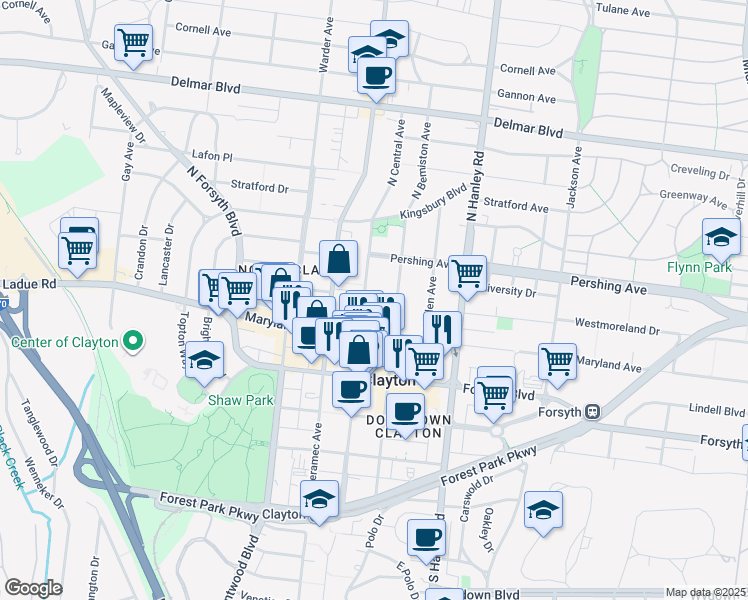 map of restaurants, bars, coffee shops, grocery stores, and more near 148 North Central Avenue in Clayton