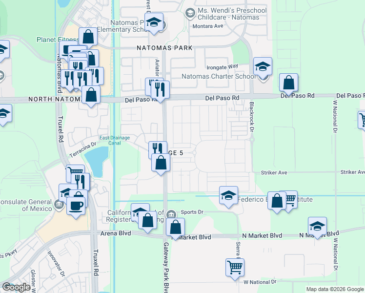 map of restaurants, bars, coffee shops, grocery stores, and more near 4509 White Sage Street in Sacramento