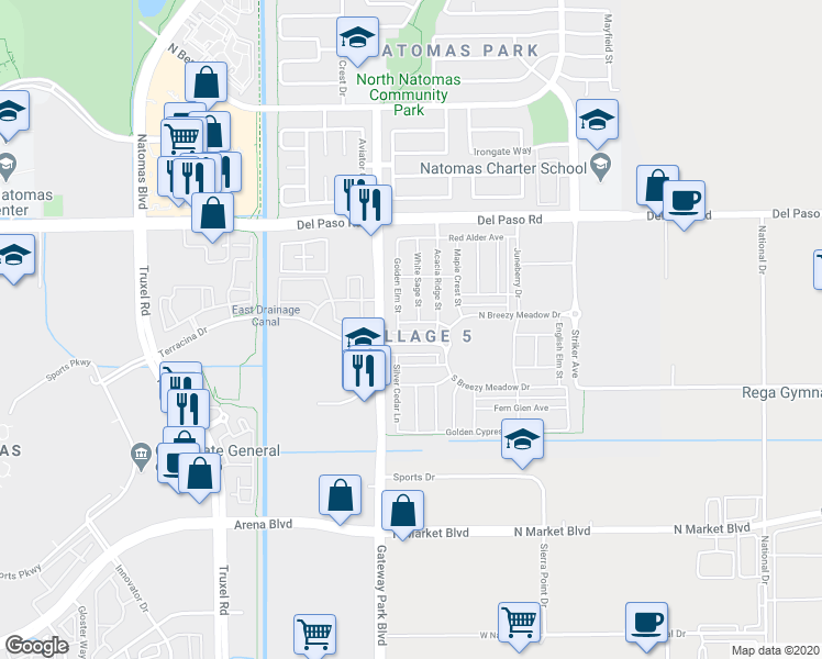 map of restaurants, bars, coffee shops, grocery stores, and more near 4509 White Sage Street in Sacramento