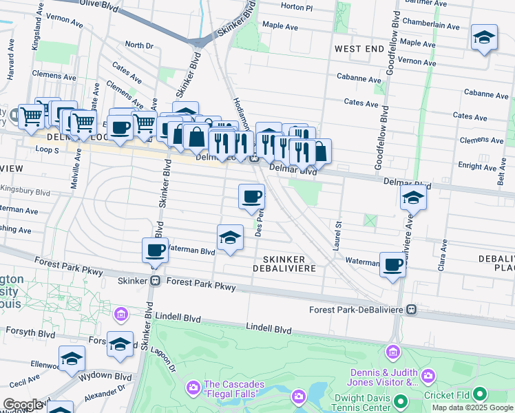 map of restaurants, bars, coffee shops, grocery stores, and more near 518 Des Peres Avenue in St. Louis