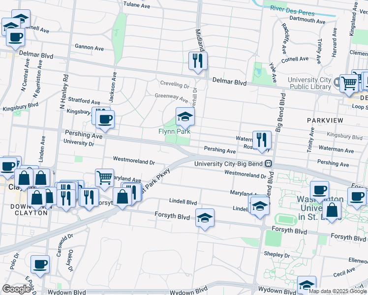 map of restaurants, bars, coffee shops, grocery stores, and more near 7220 Waterman Avenue in St. Louis