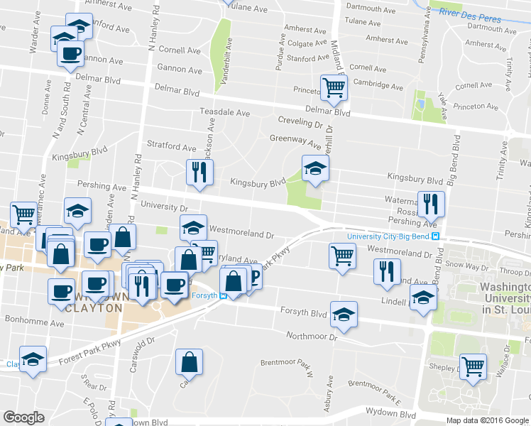 map of restaurants, bars, coffee shops, grocery stores, and more near 7327 Pershing Avenue in University City