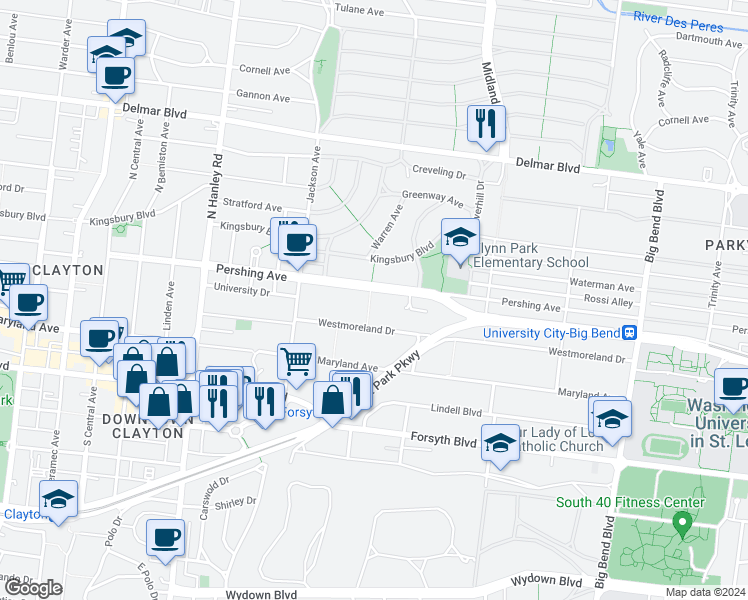 map of restaurants, bars, coffee shops, grocery stores, and more near 7361 Pershing Avenue in University City