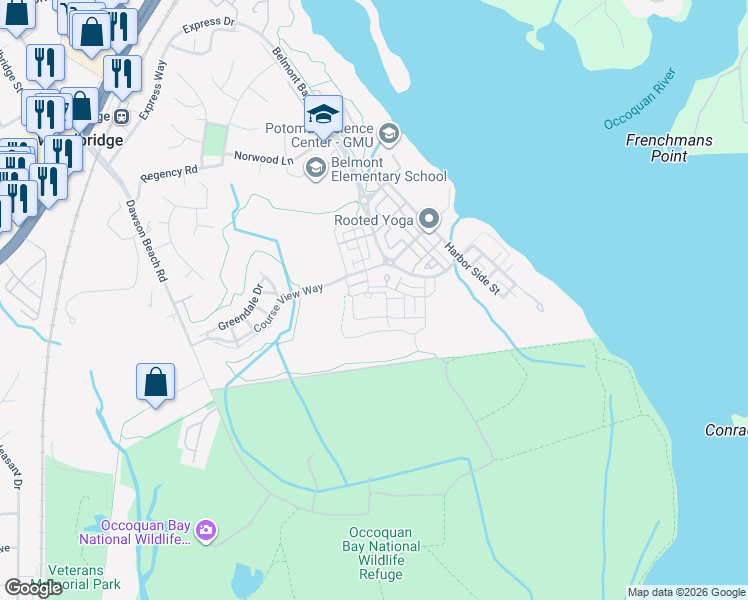 map of restaurants, bars, coffee shops, grocery stores, and more near 13875 Clear Lake Circle in Woodbridge