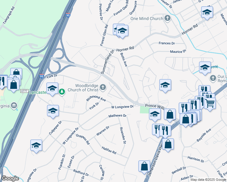 map of restaurants, bars, coffee shops, grocery stores, and more near 1843 Cedar Cove Way in Woodbridge