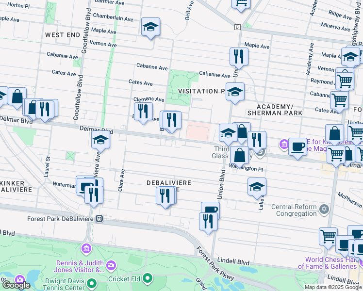 map of restaurants, bars, coffee shops, grocery stores, and more near 6016 Delmar Court in Saint Louis