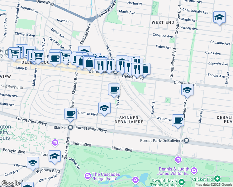 map of restaurants, bars, coffee shops, grocery stores, and more near 6001 Westminster Place in St. Louis