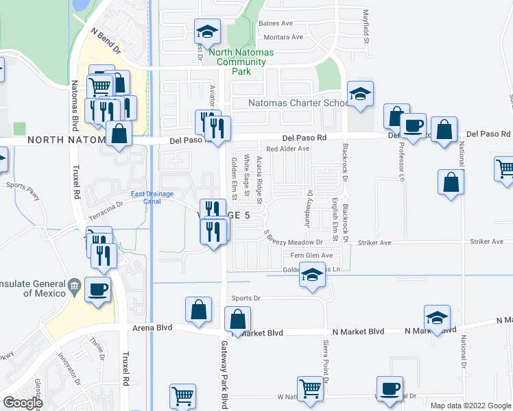 map of restaurants, bars, coffee shops, grocery stores, and more near 1804 Golden Willow Avenue in Sacramento