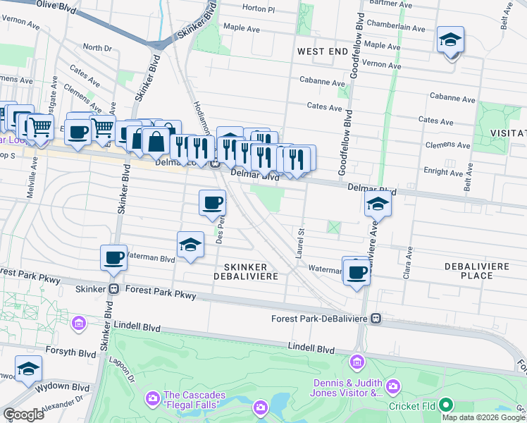 map of restaurants, bars, coffee shops, grocery stores, and more near 517 Hamilton Avenue in St. Louis
