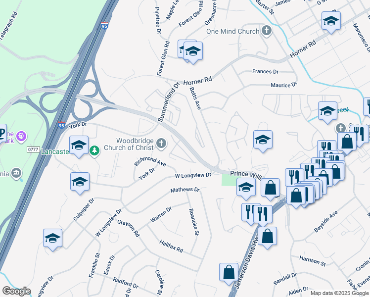 map of restaurants, bars, coffee shops, grocery stores, and more near 1836 Cedar Cove Way in Woodbridge