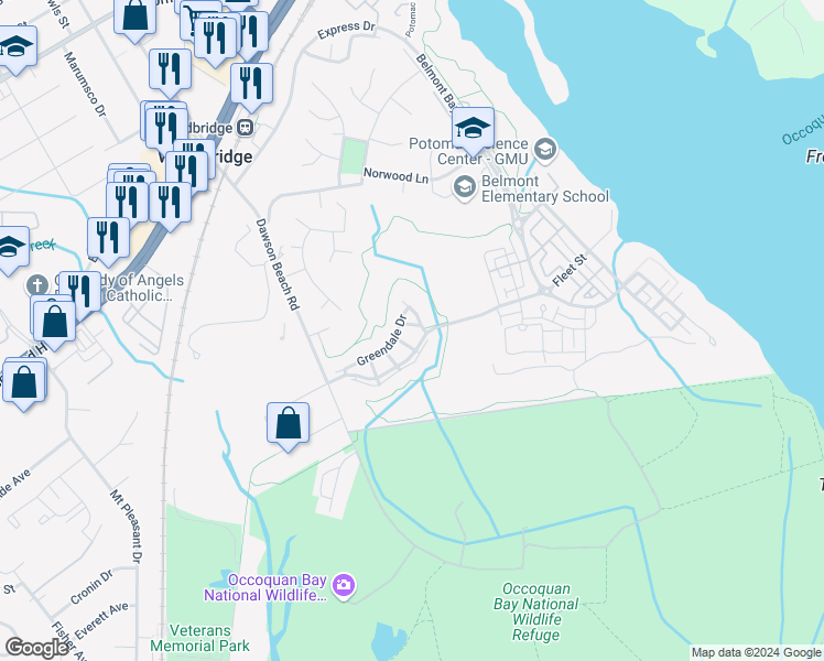map of restaurants, bars, coffee shops, grocery stores, and more near 703 Redgate Lane in Woodbridge