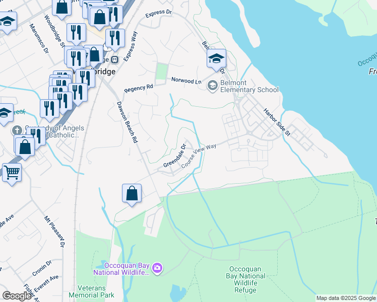 map of restaurants, bars, coffee shops, grocery stores, and more near 703 Redgate Lane in Woodbridge