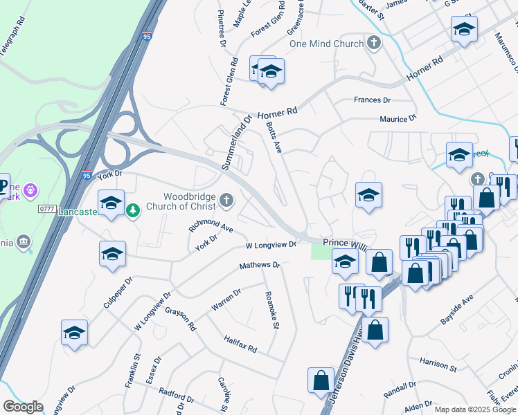 map of restaurants, bars, coffee shops, grocery stores, and more near 1836 Cedar Cove Way in Woodbridge