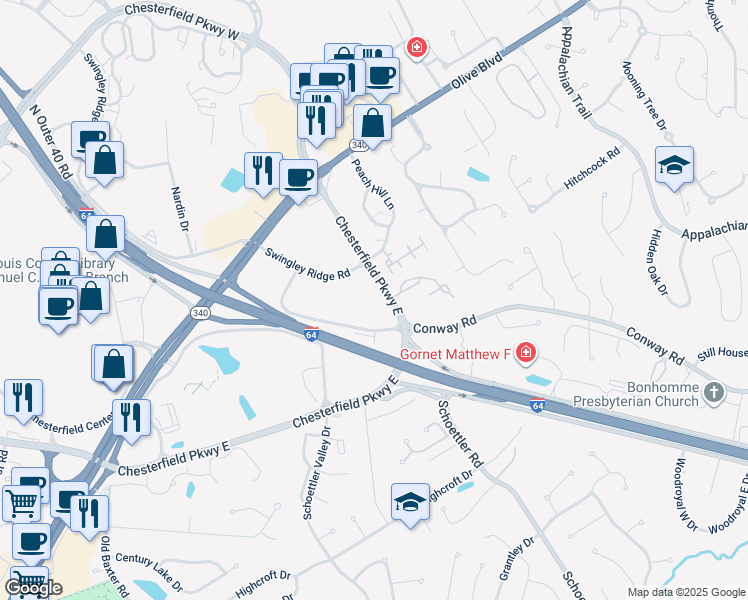 map of restaurants, bars, coffee shops, grocery stores, and more near 1065 Chesterfield Parkway East in Chesterfield