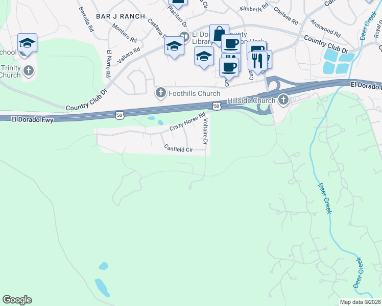 map of restaurants, bars, coffee shops, grocery stores, and more near 4860 Canfield Circle in Cameron Park