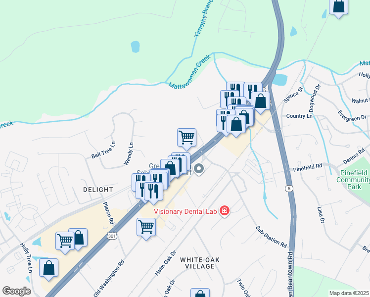 map of restaurants, bars, coffee shops, grocery stores, and more near 2165 Crain Highway in Waldorf