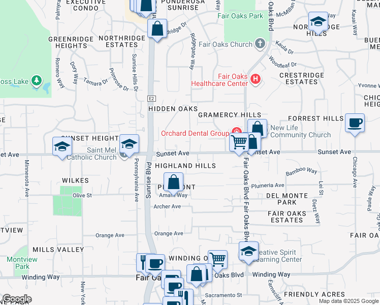 map of restaurants, bars, coffee shops, grocery stores, and more near 4882 Sunset Terrace Lane in Fair Oaks
