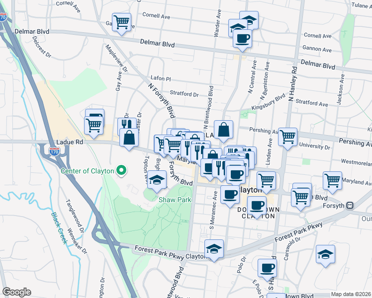 map of restaurants, bars, coffee shops, grocery stores, and more near 8125 Westmoreland Avenue in Clayton