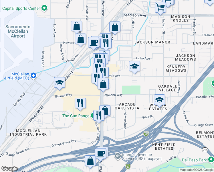map of restaurants, bars, coffee shops, grocery stores, and more near 4831 Palomino Lane in North Highlands