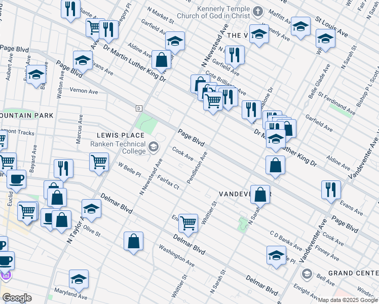 map of restaurants, bars, coffee shops, grocery stores, and more near 4352 Page Boulevard in St. Louis