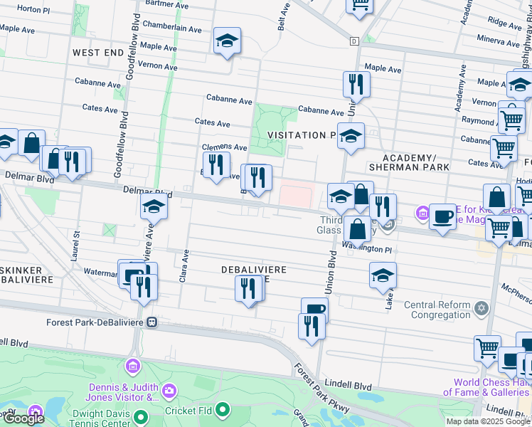 map of restaurants, bars, coffee shops, grocery stores, and more near 5438 Delmar Boulevard in St. Louis