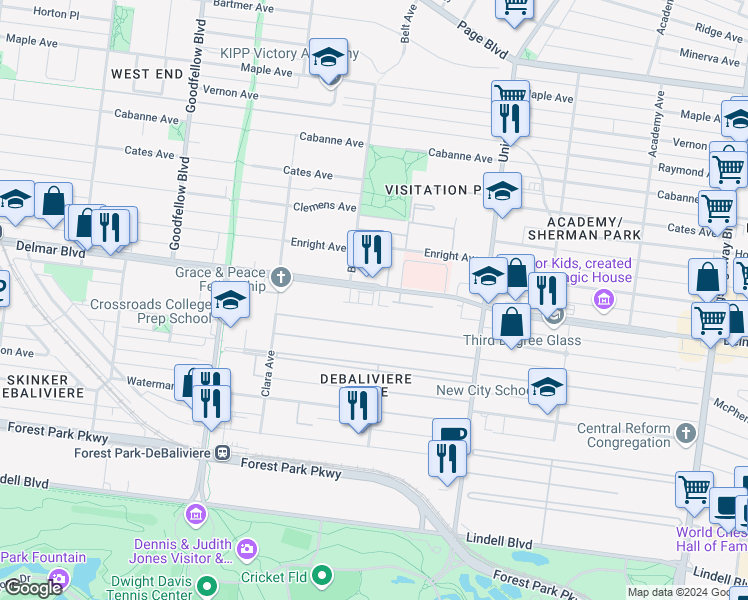 map of restaurants, bars, coffee shops, grocery stores, and more near 2 Beverly Place in St. Louis