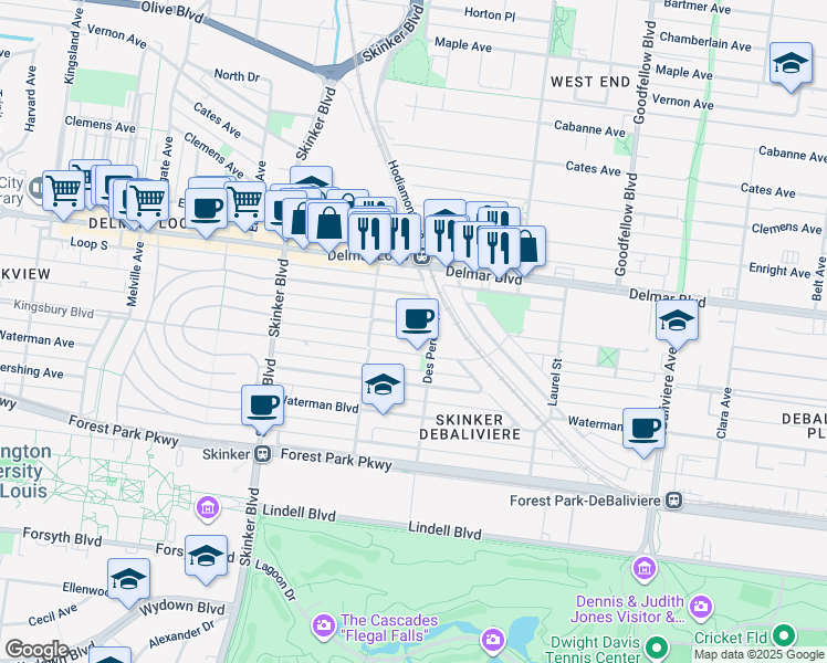 map of restaurants, bars, coffee shops, grocery stores, and more near 518 Des Peres Avenue in St. Louis