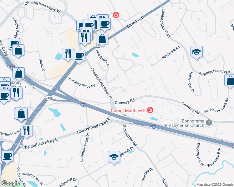 map of restaurants, bars, coffee shops, grocery stores, and more near 16 Conway Cove Drive in Chesterfield