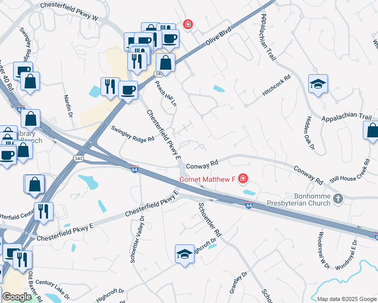map of restaurants, bars, coffee shops, grocery stores, and more near 16 Conway Cove Drive in Chesterfield