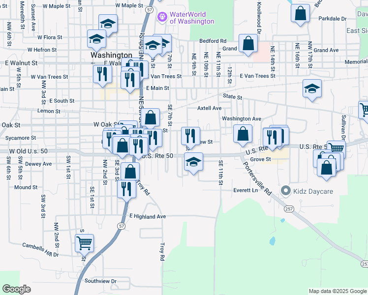 map of restaurants, bars, coffee shops, grocery stores, and more near 307 Mill Street in Washington
