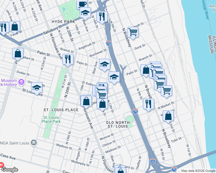 map of restaurants, bars, coffee shops, grocery stores, and more near 1224 Hebert Street in St. Louis