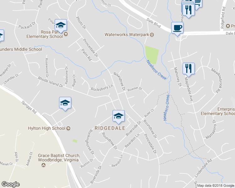 map of restaurants, bars, coffee shops, grocery stores, and more near 13512 Princedale Drive in Woodbridge