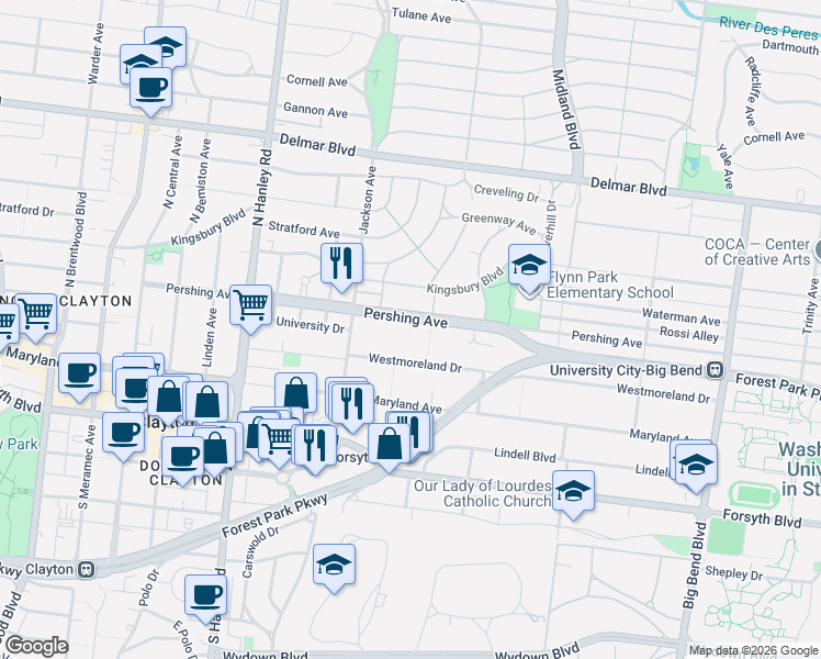 map of restaurants, bars, coffee shops, grocery stores, and more near 7361 Pershing Avenue in University City