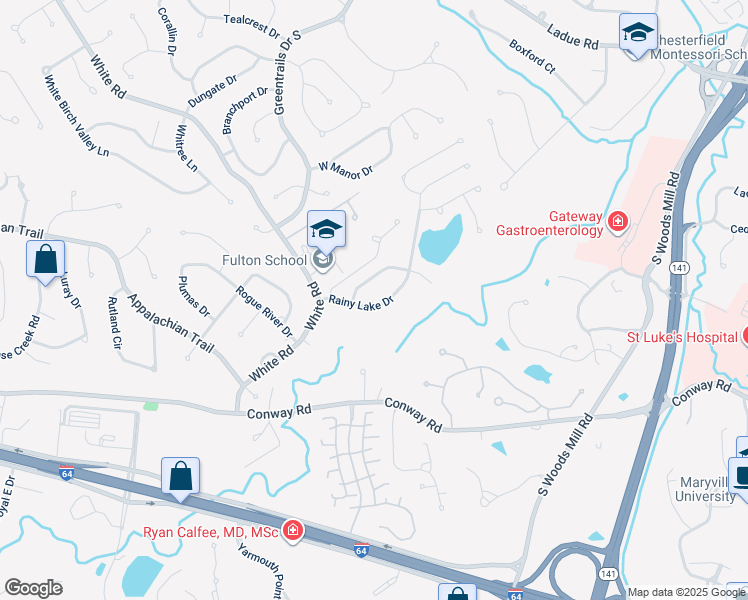 map of restaurants, bars, coffee shops, grocery stores, and more near 14359 Lake Tahoe Drive in Chesterfield