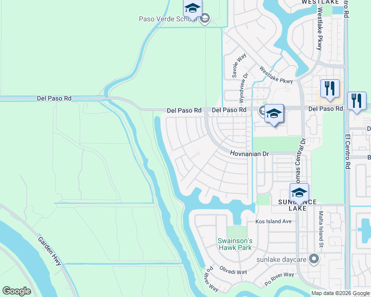 map of restaurants, bars, coffee shops, grocery stores, and more near 335 Suez Canal Lane in Sacramento