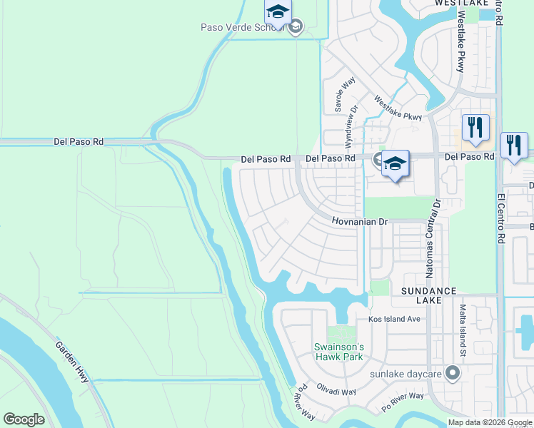 map of restaurants, bars, coffee shops, grocery stores, and more near 335 Suez Canal Lane in Sacramento