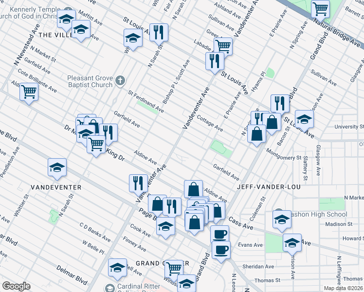 map of restaurants, bars, coffee shops, grocery stores, and more near 1924 Vandeventer Avenue in St. Louis