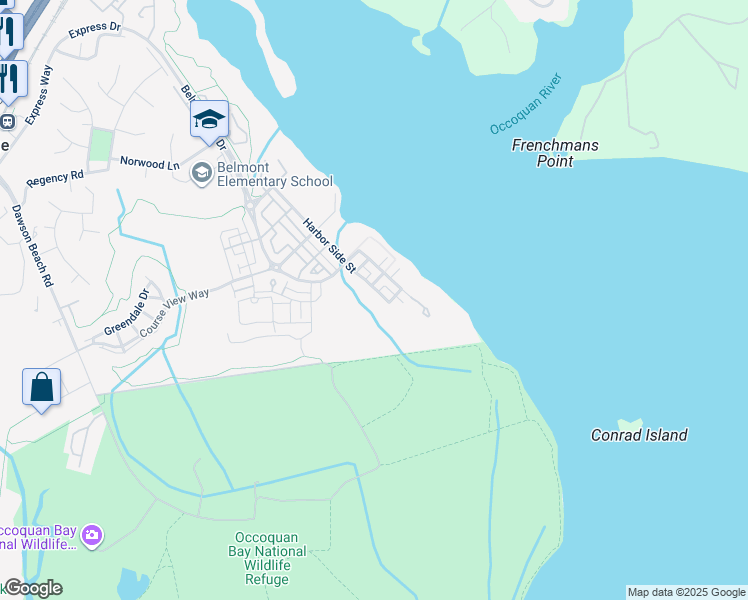 map of restaurants, bars, coffee shops, grocery stores, and more near 485 Harbor Side Street in Woodbridge